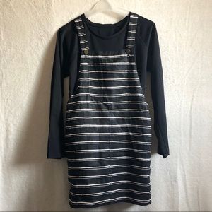 Linen mini overall dress black/cream stripe junior